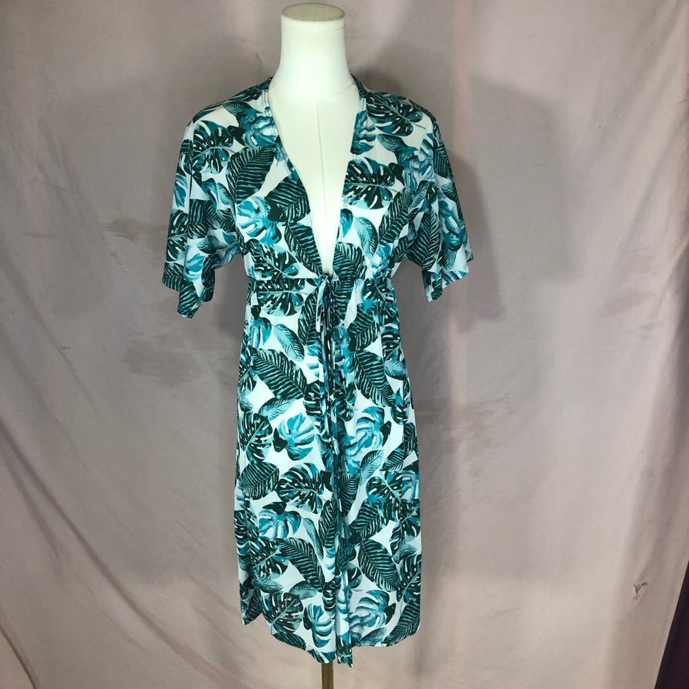 Swimsuit Cover-up Tropical Leaf Print Teal Tie-Front Size XS